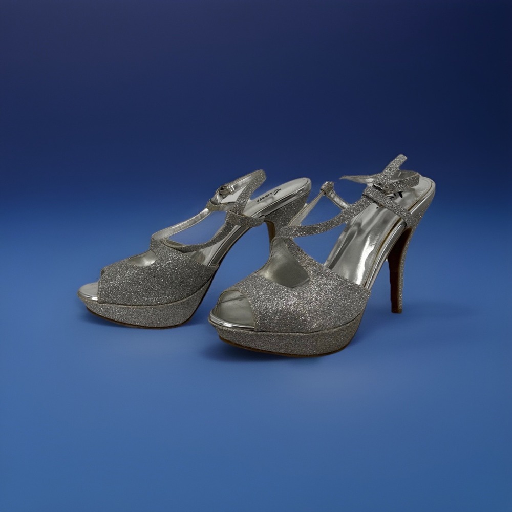 FIONI Night Size 8  Silver Glittery Open Peep Toe Platform Sandals 5" Stiletto